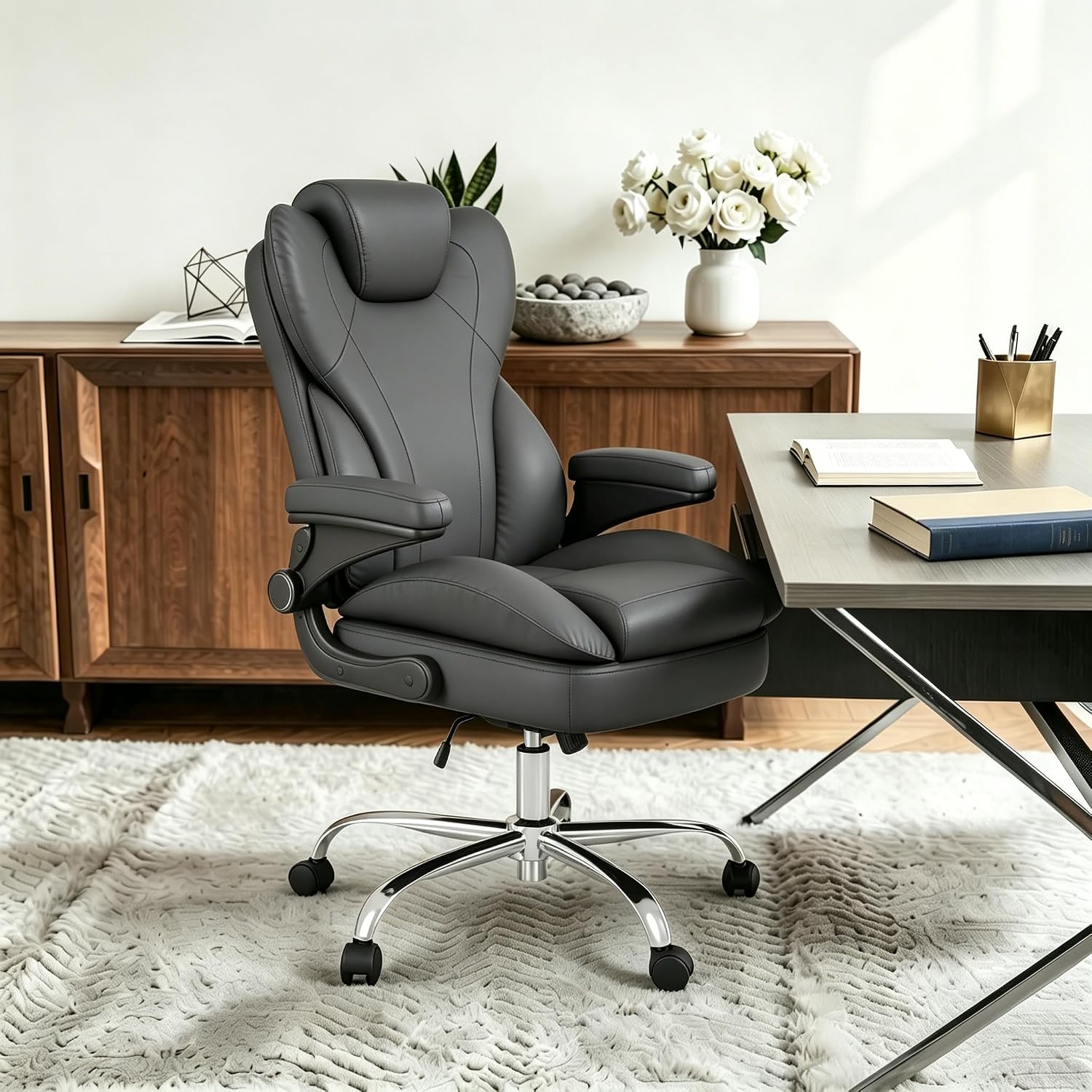 Office Desk Chair, Executive Leather Office Chair, High Back Ergonomic Home Desk Chair with Padded Flip-up Arms, Big and Tall Computer Chair with Rocking Function, 360°Swivel Free, Gray