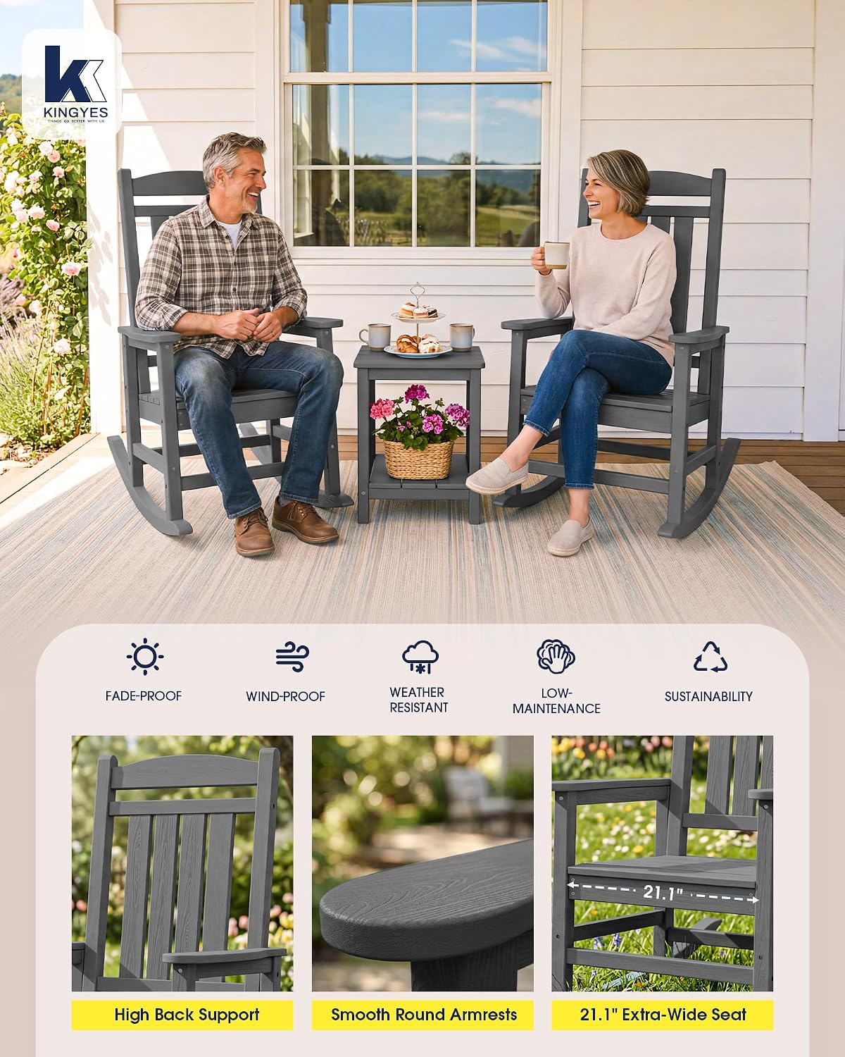 KINGYES Oversized HDPE Patio Rocking Chair Set of 4, Outdoor Rocking Chairs Porch Recliner Rocker for Adults, Grey