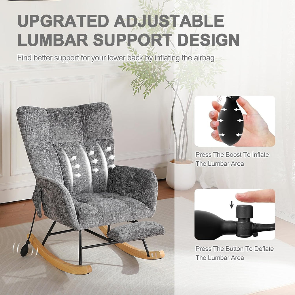Rocking Chair Nursery with Airbag, Comfy Modern Nursery Rocking Reading Chair indoor with Footrest, Cozy Upholstered Glider Rocker Chairs for Living Room Bedroom Offices(Chenille, Dark Grey)