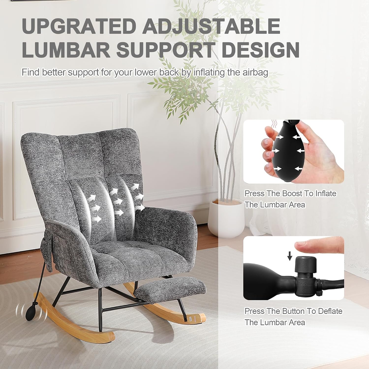 Rocking Chair Nursery with Airbag, Comfy Modern Nursery Rocking Reading Chair indoor with Footrest, Cozy Upholstered Glider Rocker Chairs for Living Room Bedroom Offices(Chenille, Dark Grey)