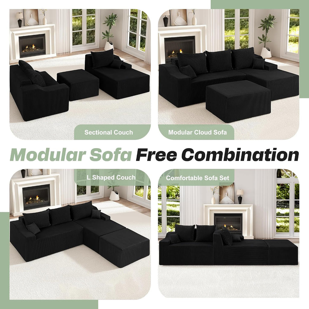 HABUTWAY U Shaped Modular Sectional Couch for Living Room, Modular Cloud Sofa with Ottoman, No Assembly Boneless Couches with Deep Seat, Corduroy Fabric (Black, Right Facing)
