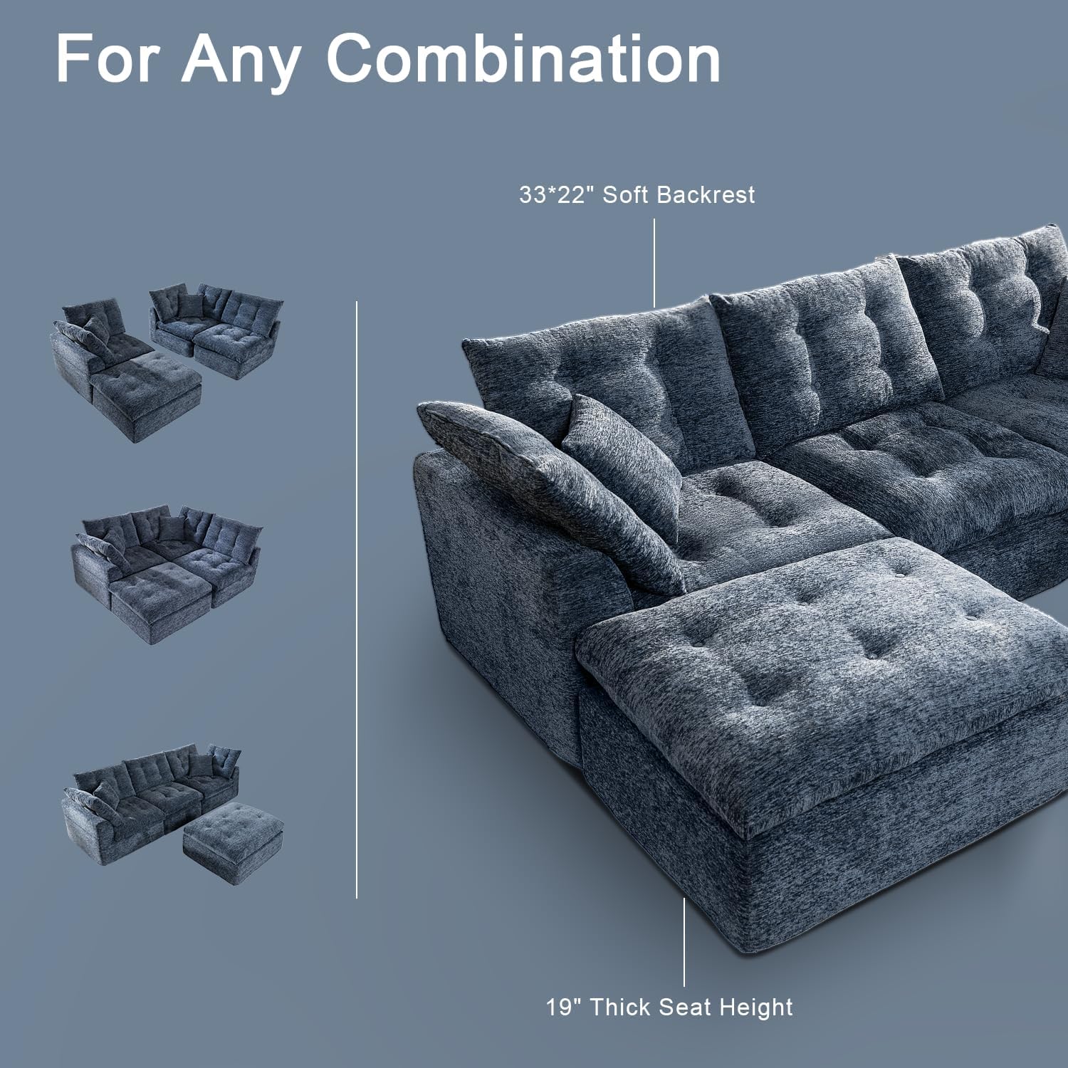 110' Cloud Sectional Couches L-Shaped Modular Boneless Chenille Sofa Couches with Deep Seat Ottoman and Side Pockets, Module Combination for Living Room 3 Seater