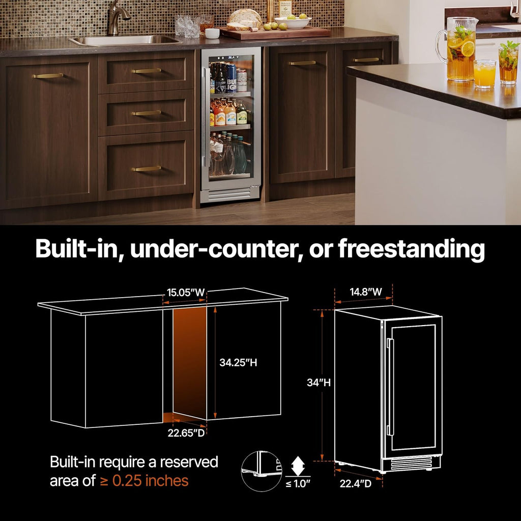 Ca'Lefort 15 Inch Beverage Fridge, 100 Can Beverage Refrigerator with Glass Door, 3 Color LED Lights, 34°F-54°F Built-in or Freestanding Drink Fridge for Kitchen, Home Bar, Office