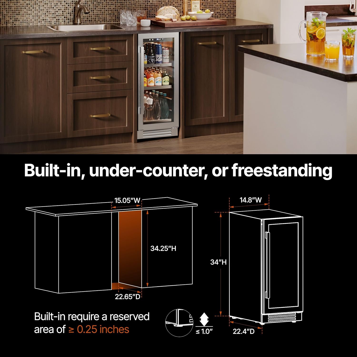 Ca'Lefort 15 Inch Beverage Fridge, 100 Can Beverage Refrigerator with Glass Door, 3 Color LED Lights, 34°F-54°F Built-in or Freestanding Drink Fridge for Kitchen, Home Bar, Office