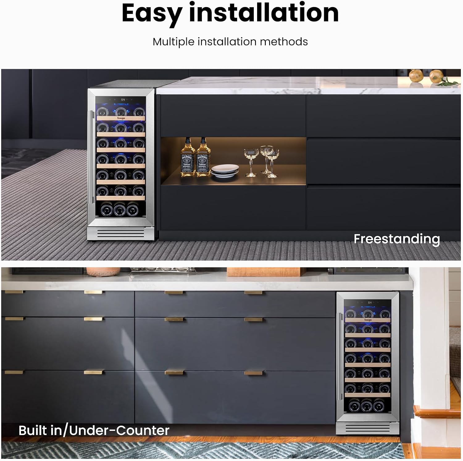 Yeego Wine Fridge – 15 Inch 33 Bottle Wine Cooler Refrigerator with Glass Door, 40-65℉ Built-In or Freestanding, Adjustable Shelves Wine Fridge Ideal for Home Bar & Kitchen
