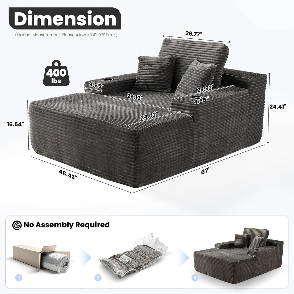 ovios 67'' Chaise Lounge Chair Indoor, Oversized Upholstered Boneless Sofa Bed with Cup Holders, Deep Seat Sleeper Couch, Plush Cloud Sofas Couches for Living Room (Faux Fur, Grey)
