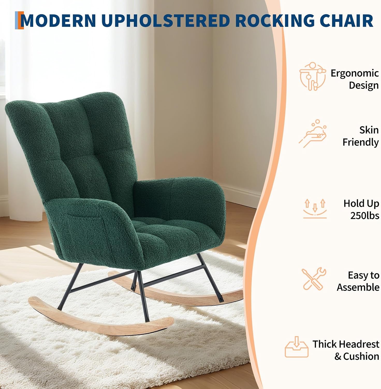 Nursery Rocking Chair - Teddy Upholstered Glider Rocker for Adults, Wood Legs, Two Side Pockets, Padded Seat, High Backrest, Glider Chair for Living Room, Bedroom, Small Spaces - Dark Green