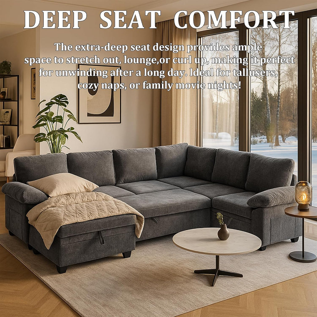 108 Inch Sectional Sleeper L Shaped Sofa with Pull Out Bed, Modular Sectional Sofa with Storage, Modern Chenille Cloud Couch, Sectional Couches for Living Room, Grey