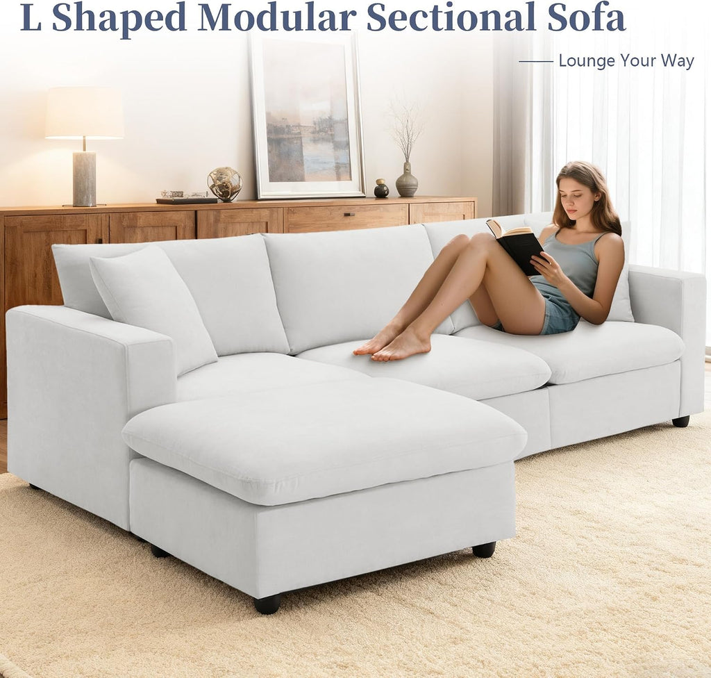 Tmsan 100.4' Modular Sectional Sofa Cloud Couch for Living Room, Modern Convertible L Shaped Couch Set with Ottoman, 4 Seater Polyester Fabric Sofa with 2 Pillows for Apartment Office (White)