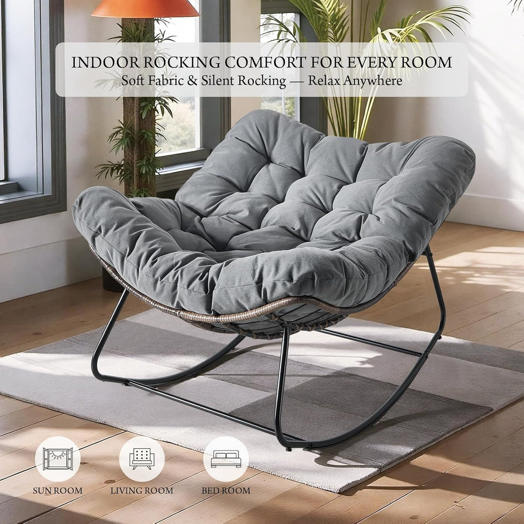 Outdoor Rocking Chair, Oversized Papasan Wicker Lounge Chair with Cushion, Relaxing Patio Rocker, Indoor Reading Egg Chair for Porch, Patio, Bedroom, Garden (Dark Grey)