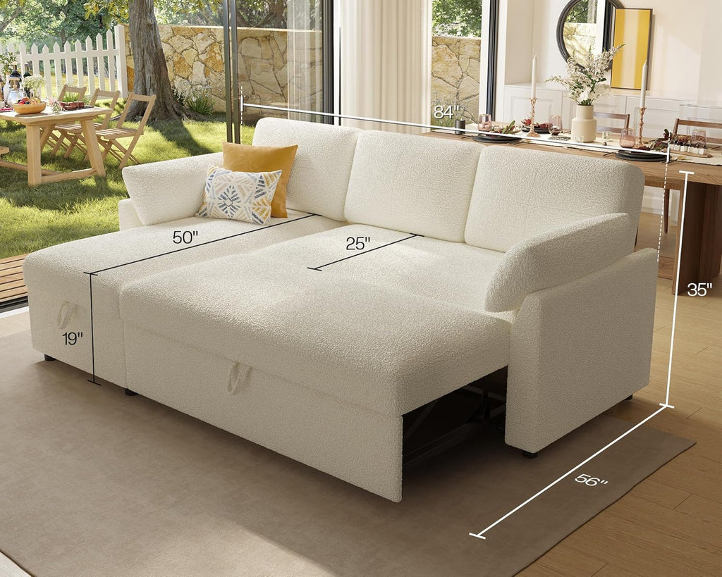 AMERLIFE Sleeper Sofa, 2-in-1 Sofa Bed with Storage Chaise, Pull Out Sofa Couch for Living Room, Guest Room, Boucle White