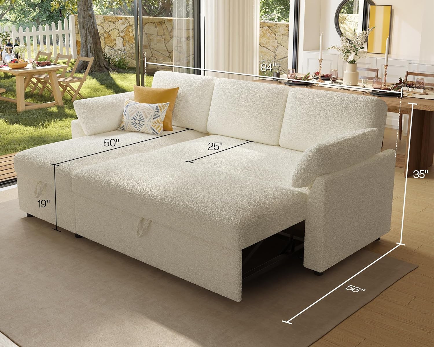 AMERLIFE Sleeper Sofa, 2-in-1 Sofa Bed with Storage Chaise, Pull Out Sofa Couch for Living Room, Guest Room, Boucle White