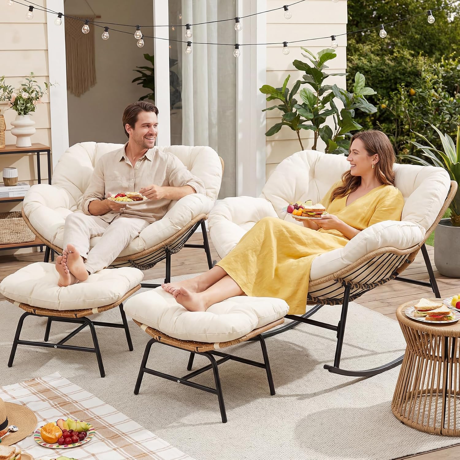 FINCATI 2 Person Egg Rocking Chair with Ottoman and Cushion, Double Large Wide Oversized Papasan Lounge Chairs, PE Wicker Comfy Loveseat, Reading Glider for Indoor Outdoor Balcony Living Room, Beige