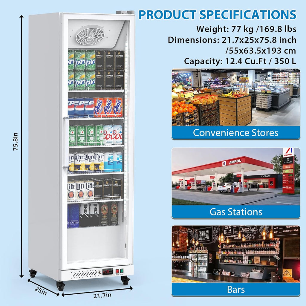 PeakPursuit Commercial Display Refrigerator, 12.4 Cu.Ft. Beverage Refrigerator Glass Door Beverage Cooler, Upright Merchandiser Cooler Display Fridge With LED Light and Adjustable Shelves