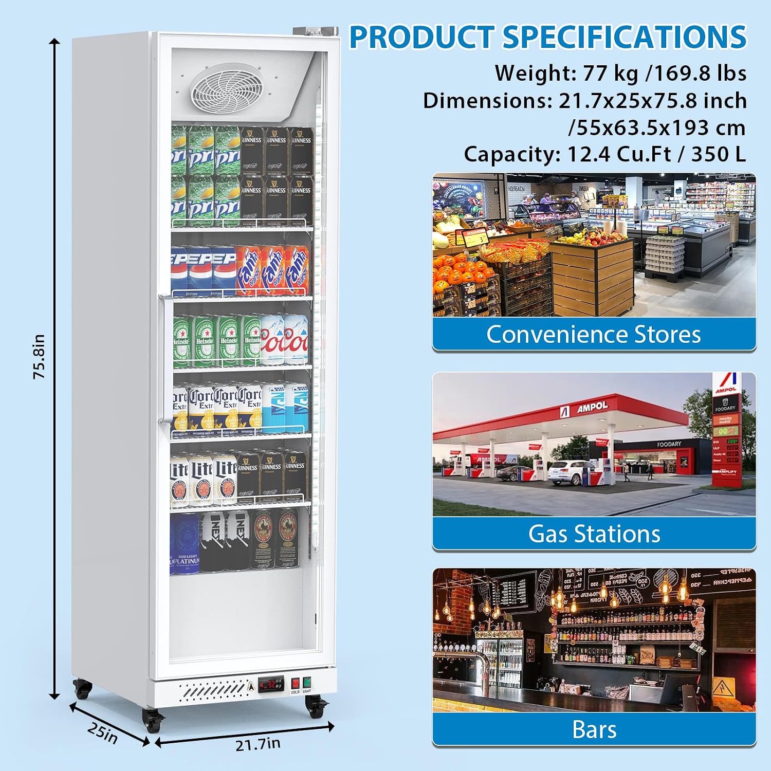 PeakPursuit Commercial Display Refrigerator, 12.4 Cu.Ft. Beverage Refrigerator Glass Door Beverage Cooler, Upright Merchandiser Cooler Display Fridge With LED Light and Adjustable Shelves