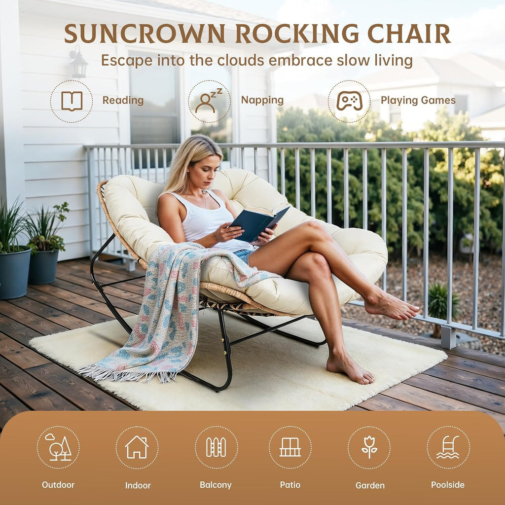 SUNCROWN Oversized Wicker Rocking Chair Indoor Outdoor, 450 LBS Heavy Duty Patio Papasan Egg Chair with Cushion, E-Coated Frame Lounge Rocker for Garden Balcony Porch Living Room (Beige)