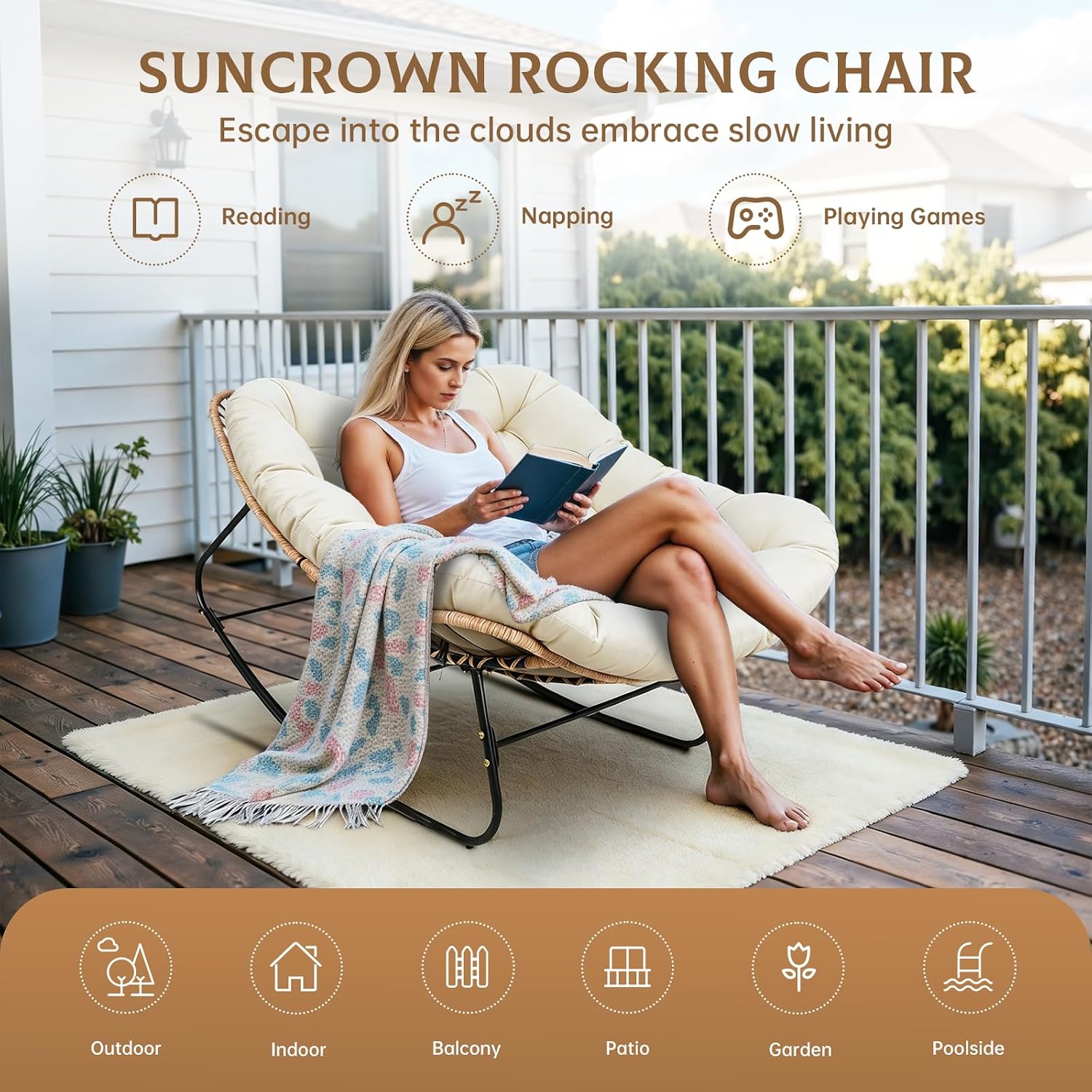 SUNCROWN Oversized Wicker Rocking Chair Indoor Outdoor, 450 LBS Heavy Duty Patio Papasan Egg Chair with Cushion, E-Coated Frame Lounge Rocker for Garden Balcony Porch Living Room (Beige)