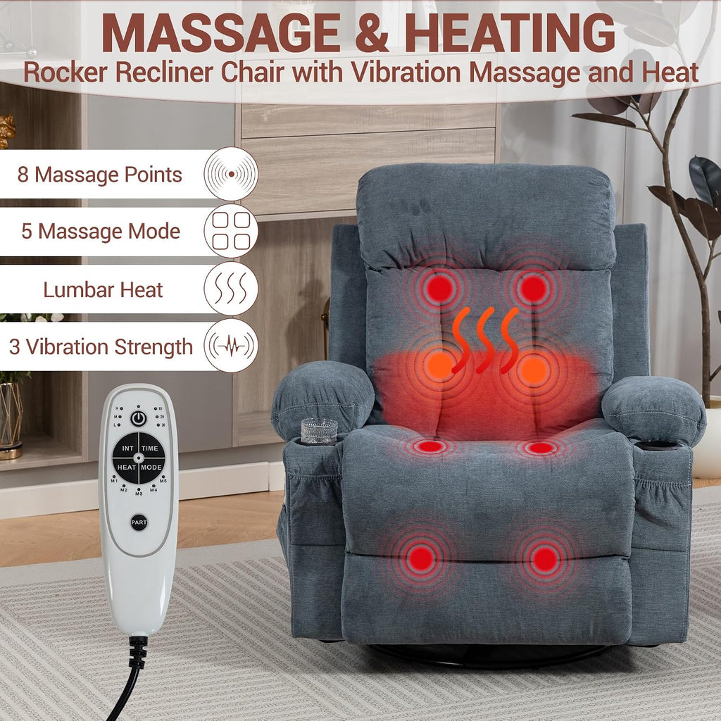 360° Swivel Rocking Chair, Rocker Recliner Chair with Vibration Massage and Heat, Ergonomic Lounge Chairs with Rocking Function and Side Pocket, Cup Holders, Blue