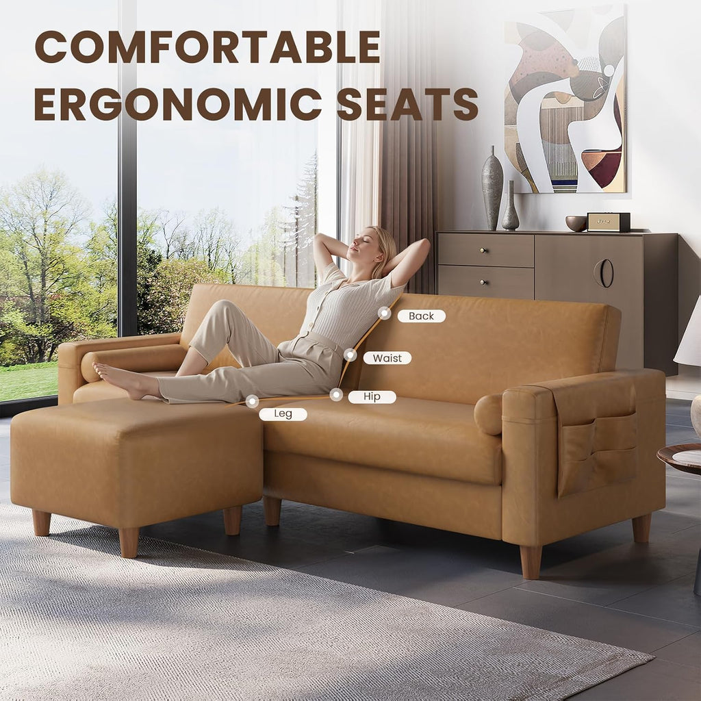 Vesgantti 100' Faux Leather Sofa with Movable Ottoman, Wide Seating L Shaped PU Leather Couch with Side Pocket, Comfy Mid Century Modern Modular Sectional Sofa for Living Room, Office, Camel