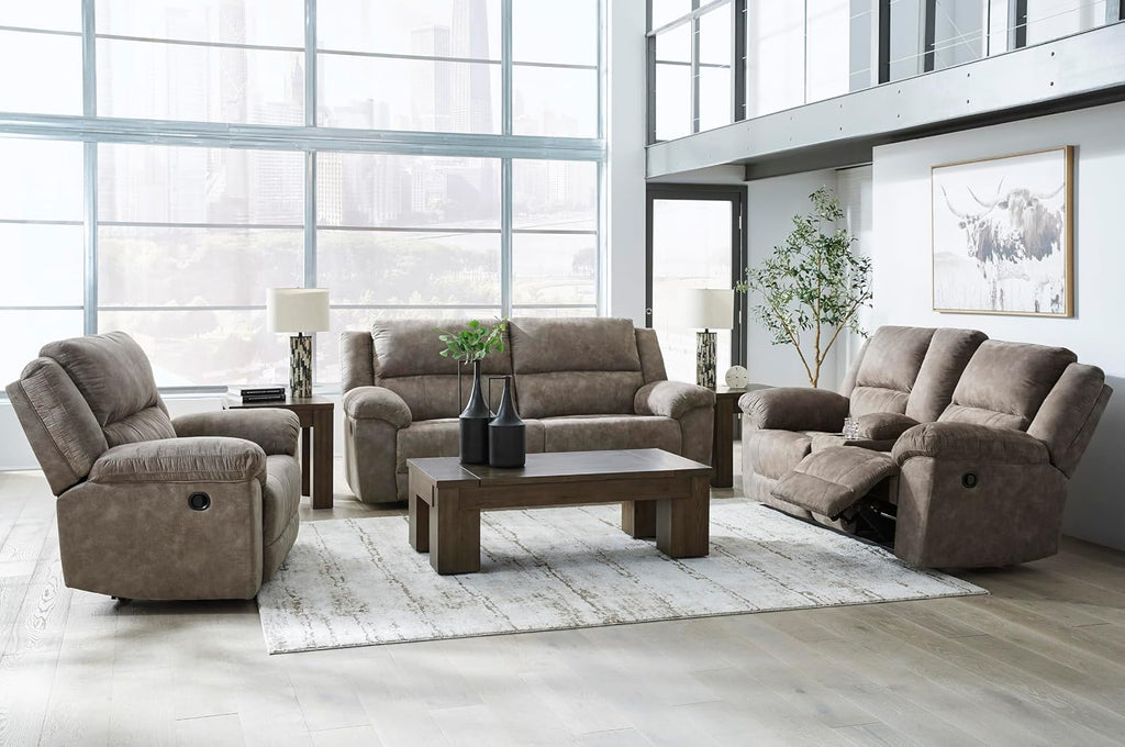 Signature Design by Ashley Laresview Contemporary Faux Leather Manual Double Reclining Loveseat with Console, Storage and Cup Holders, Gray
