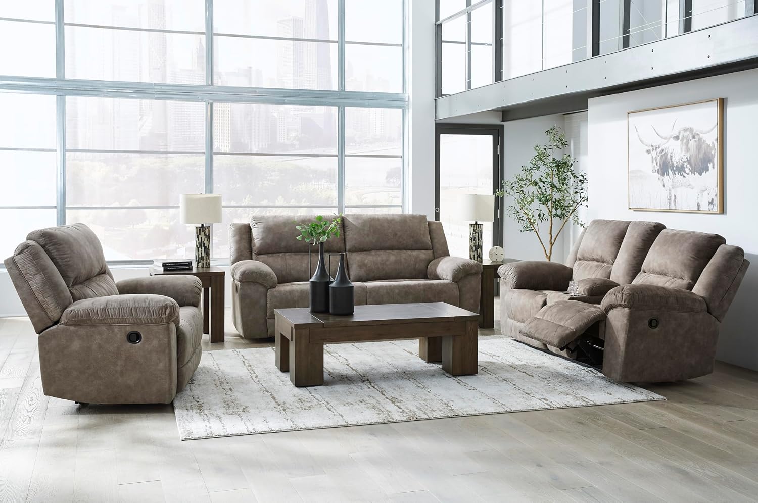 Signature Design by Ashley Laresview Contemporary Faux Leather Manual Double Reclining Loveseat with Console, Storage and Cup Holders, Gray