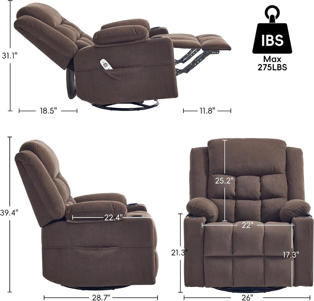 Swivel Rocker Recliner Chair with Massage and Heating,Cup Holders,Glider Recliner for Adults,Soft Fabric Living Room Nursing Reclining Sofa Chair