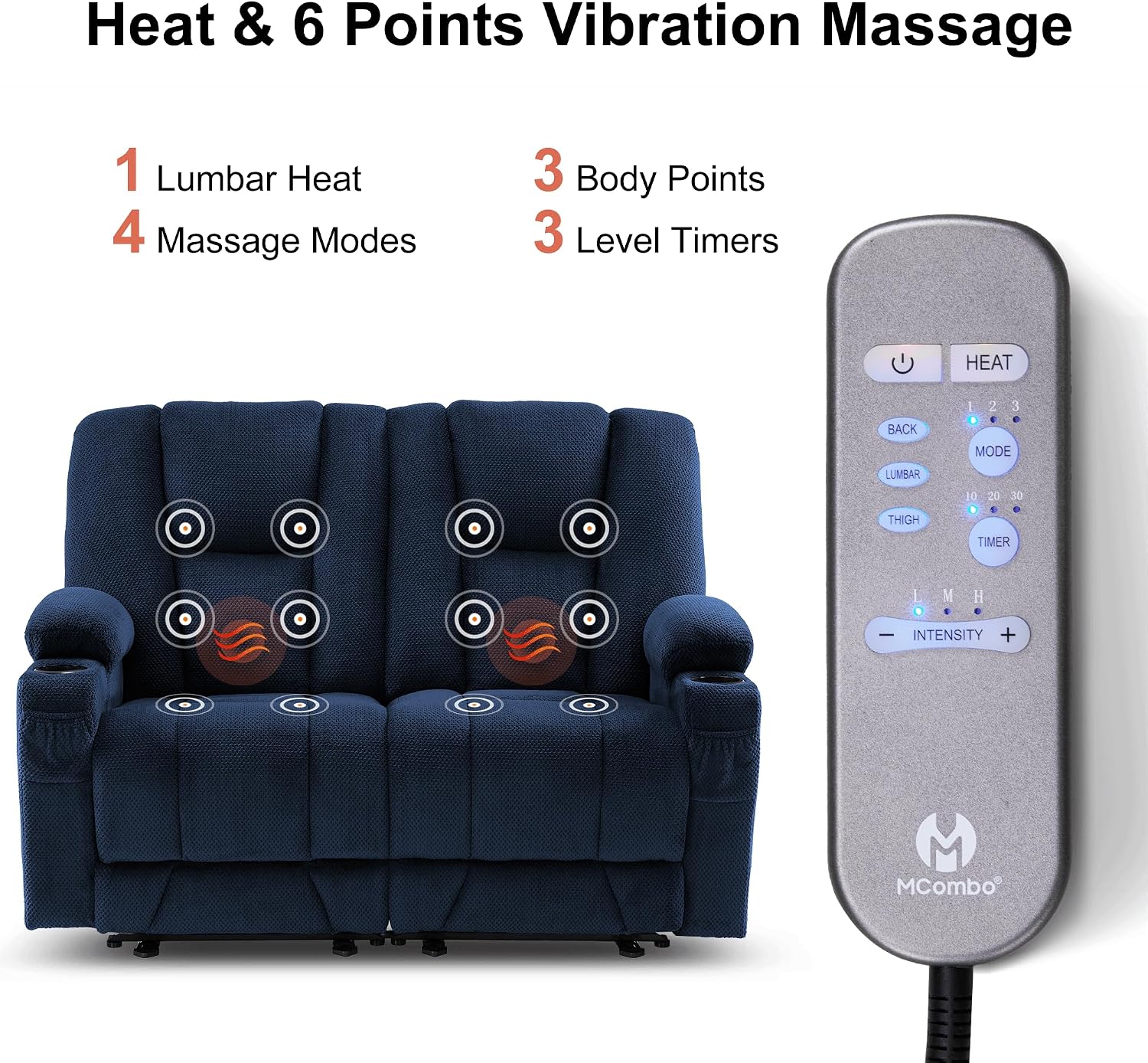 MCombo Zero Gravity Power Loveseat Sofa, Heat and Massage, Reclining Loveseat for Living Room, Fabric 6035SET (Navy Blue, Loveseat)