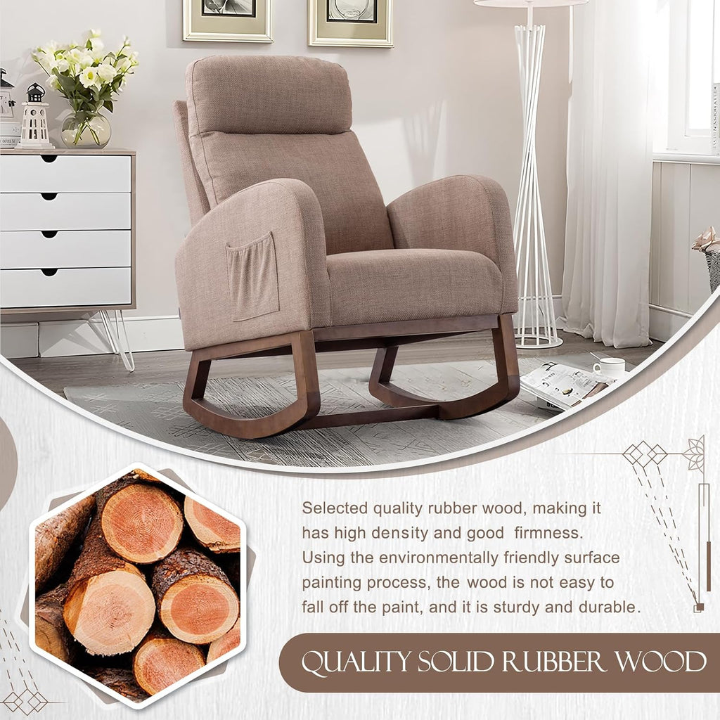 Upholstered Rocking Chair for Nursery, Accent Glider Rocker with Side Pocket, Comfy Armchair with Tall Backrest and Double Layer Cushion, Baby Nursery Glider for Living Room, Bedroom (Camel Brown)