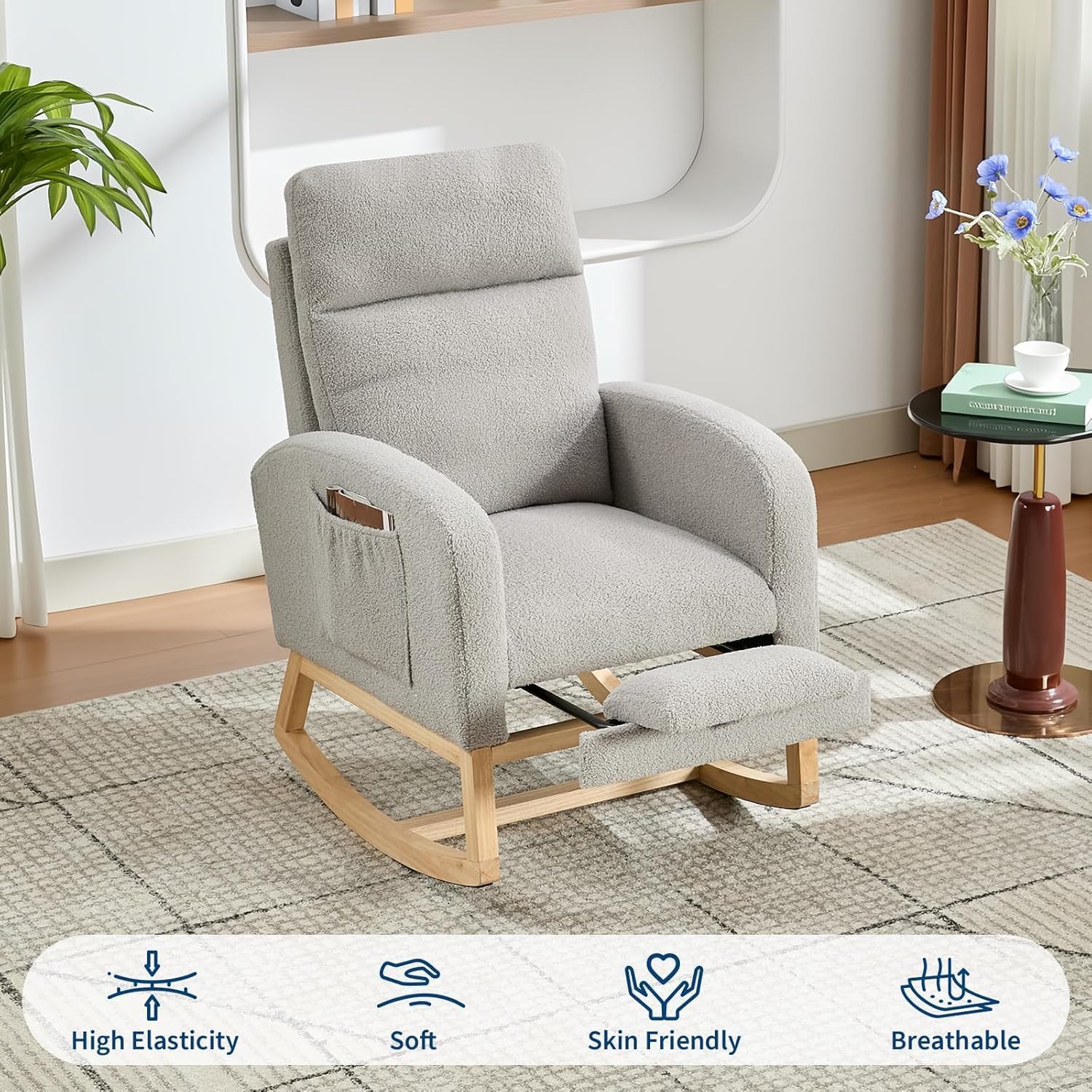 Fabric Rocking Nursery Chair for Mom Nursery,Rocking Chairs with Foot Rest,Recliner Armchair with High Backrest& Wood Legs and Side Pocket for Living Room,Bedroom,Gray