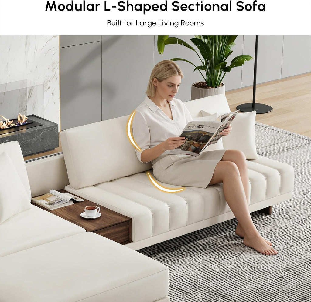 homary Leather Sectional Sofa – 126' Oversized L-Shaped Modular Couch with Storage Table & Ottoman, White Sofa for Modern Living Room or Family Space (Microfiber Leather, Ivory)