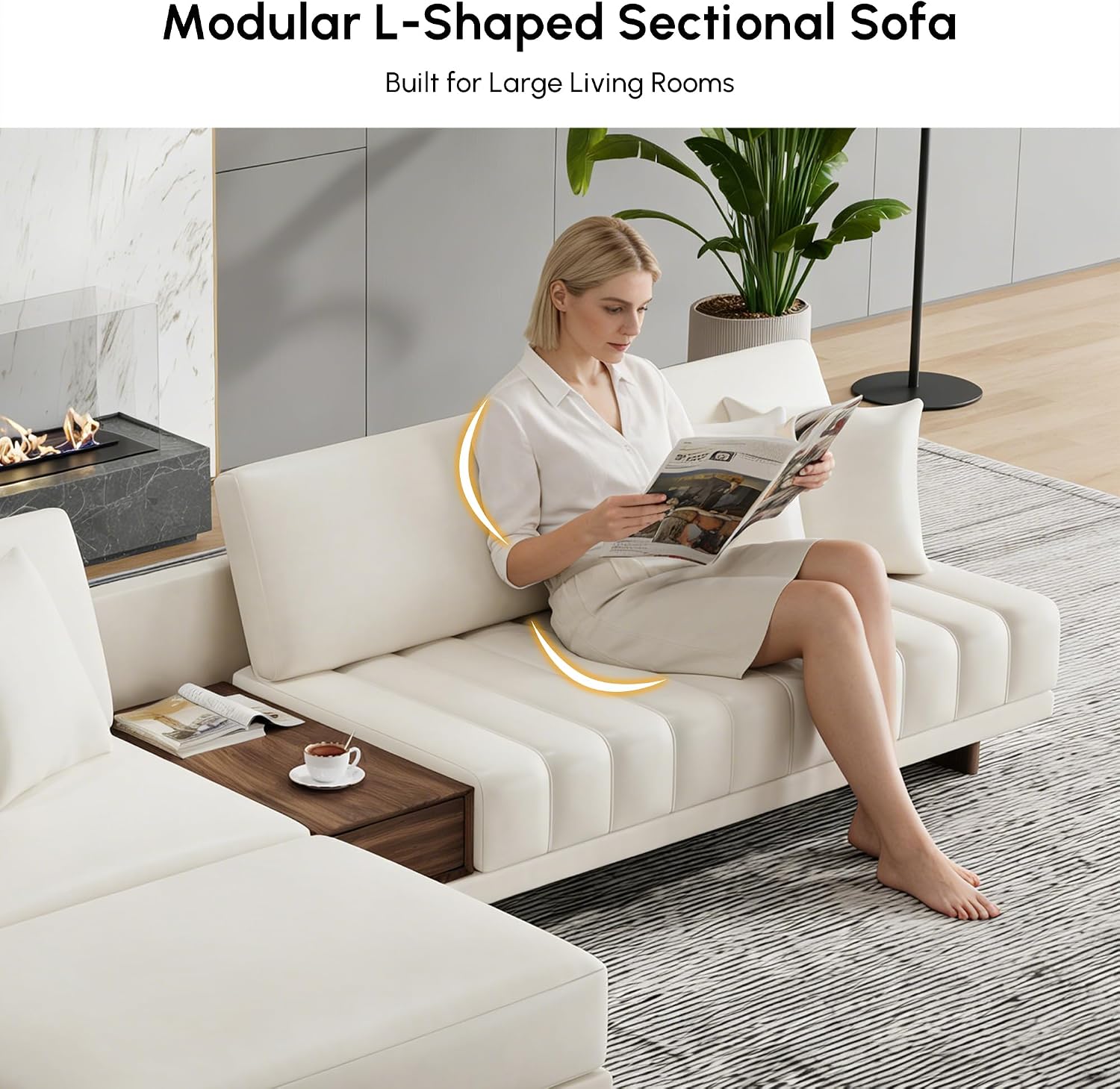 homary Leather Sectional Sofa – 126' Oversized L-Shaped Modular Couch with Storage Table & Ottoman, White Sofa for Modern Living Room or Family Space (Microfiber Leather, Ivory)
