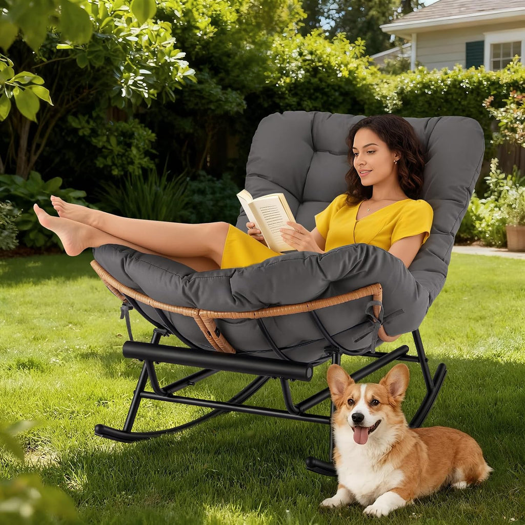 IDEALHOSUE Papasan Rocking Chair with Foot Rest, Ergonomic Papasan Chair with Thick Waterproof Cushion, Metal Frame & PE Rattan Lounge Chairs for Living Room Bedroom Relaxation Space