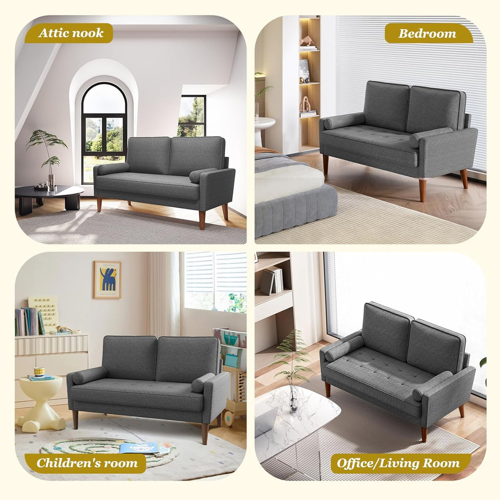 Vesgantti Loveseat Sofa with Solid Wood Legs, 48' Small Couches for Small Spaces, Love Seat for Living Room, Bedroom, Easy Assembly Mid Century Modern Couch with Throw Pillow for Apartment, Grey