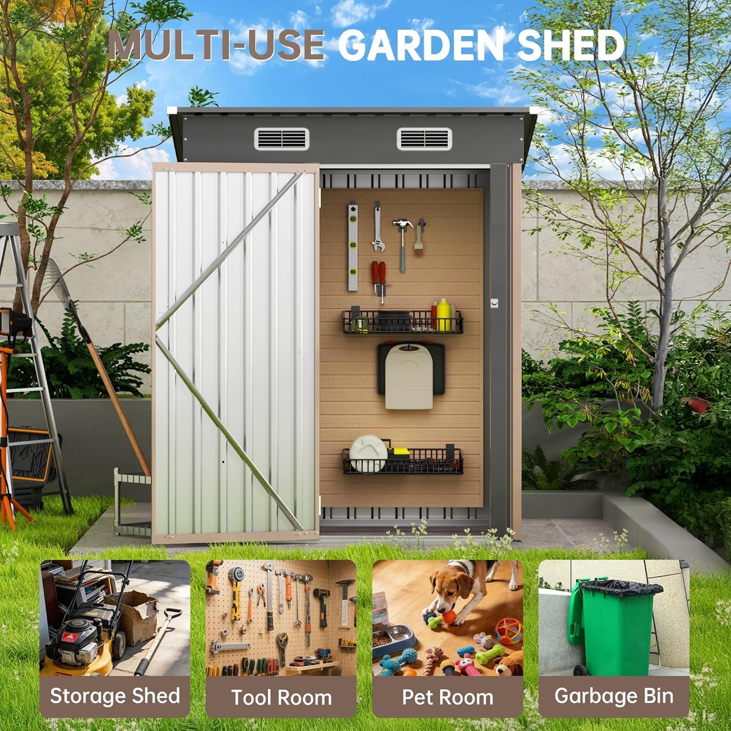5x2.5 FT Vertical Metal Storage Shed, Lockable Outdoor Garden Tool Shed with Sloped Roof, Heavy-Duty Steel Utility Shed for Patio Backyard, Brown