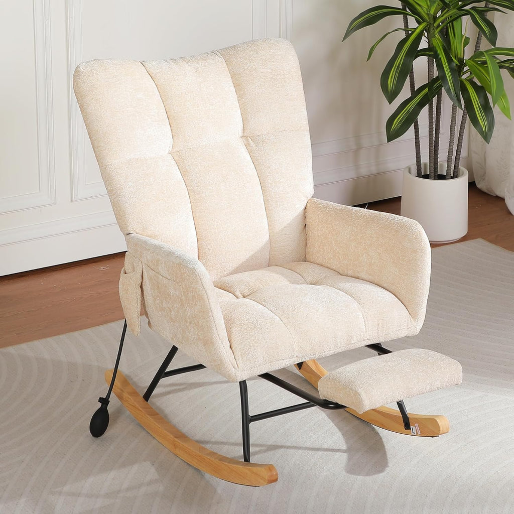 Nursery Rocking Chair with Airbag, Comfy Modern Rocking Reading Chair Indoor with Footrest, Cozy Upholstered Glider Rocker Chairs for Living Room Bedroom Offices, (Chenille, Beige)
