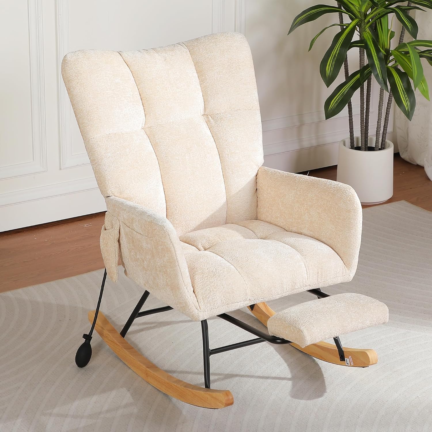 Nursery Rocking Chair with Airbag, Comfy Modern Rocking Reading Chair Indoor with Footrest, Cozy Upholstered Glider Rocker Chairs for Living Room Bedroom Offices, (Chenille, Beige)