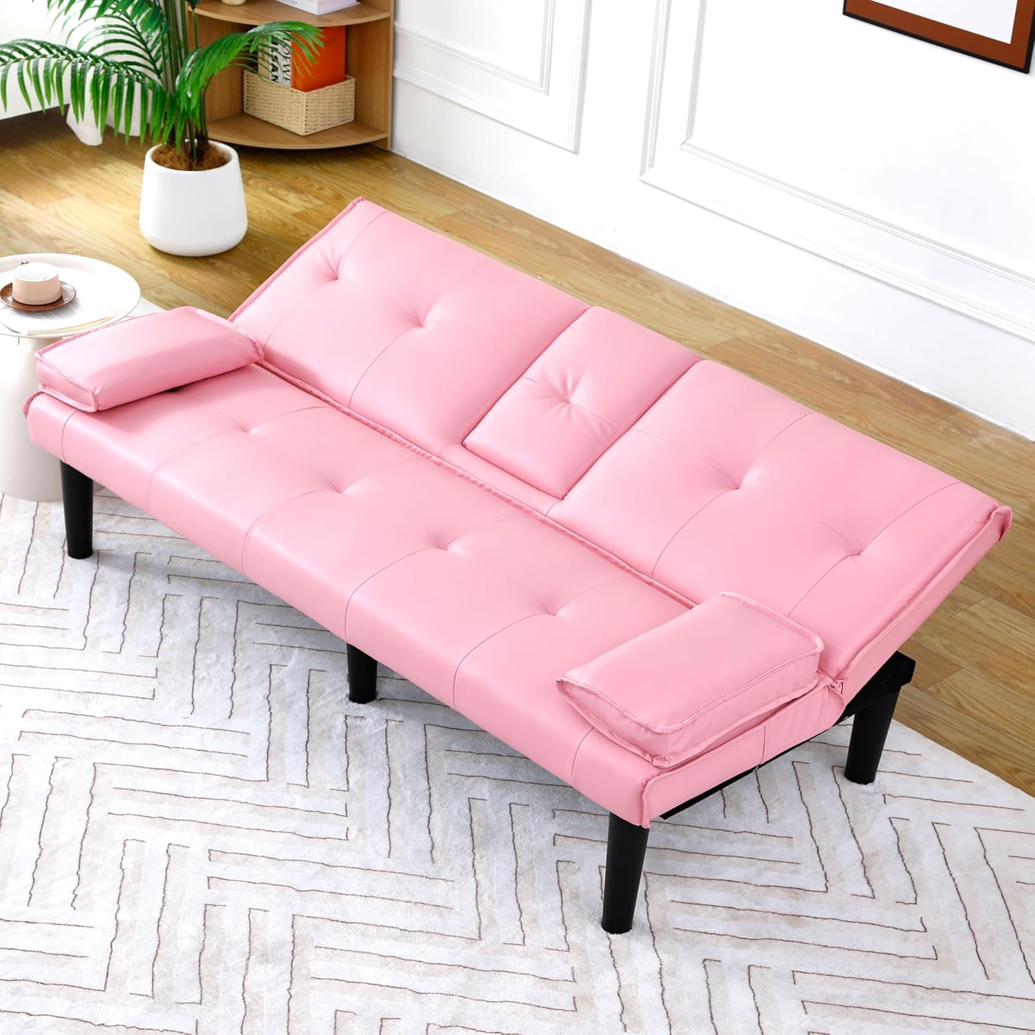 KEIKI Sleeper Sofa Bed with Cup Holder, 3 in 1 Convertible Futon Sofa Bed for Living Room, Dorm, Home Office, Pink