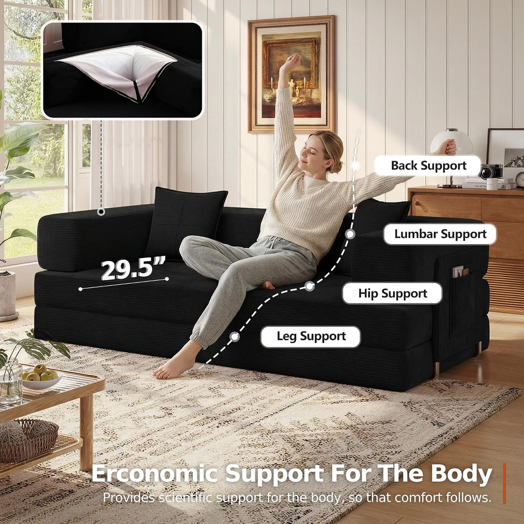 MoonSpeak 78.8''Sleeper Couch Bed for Livingroom,Convertible Modular Sofa with Armrest Pillow,Modular Foldable Corduroy Couches in a Box,No Assembly (Black)