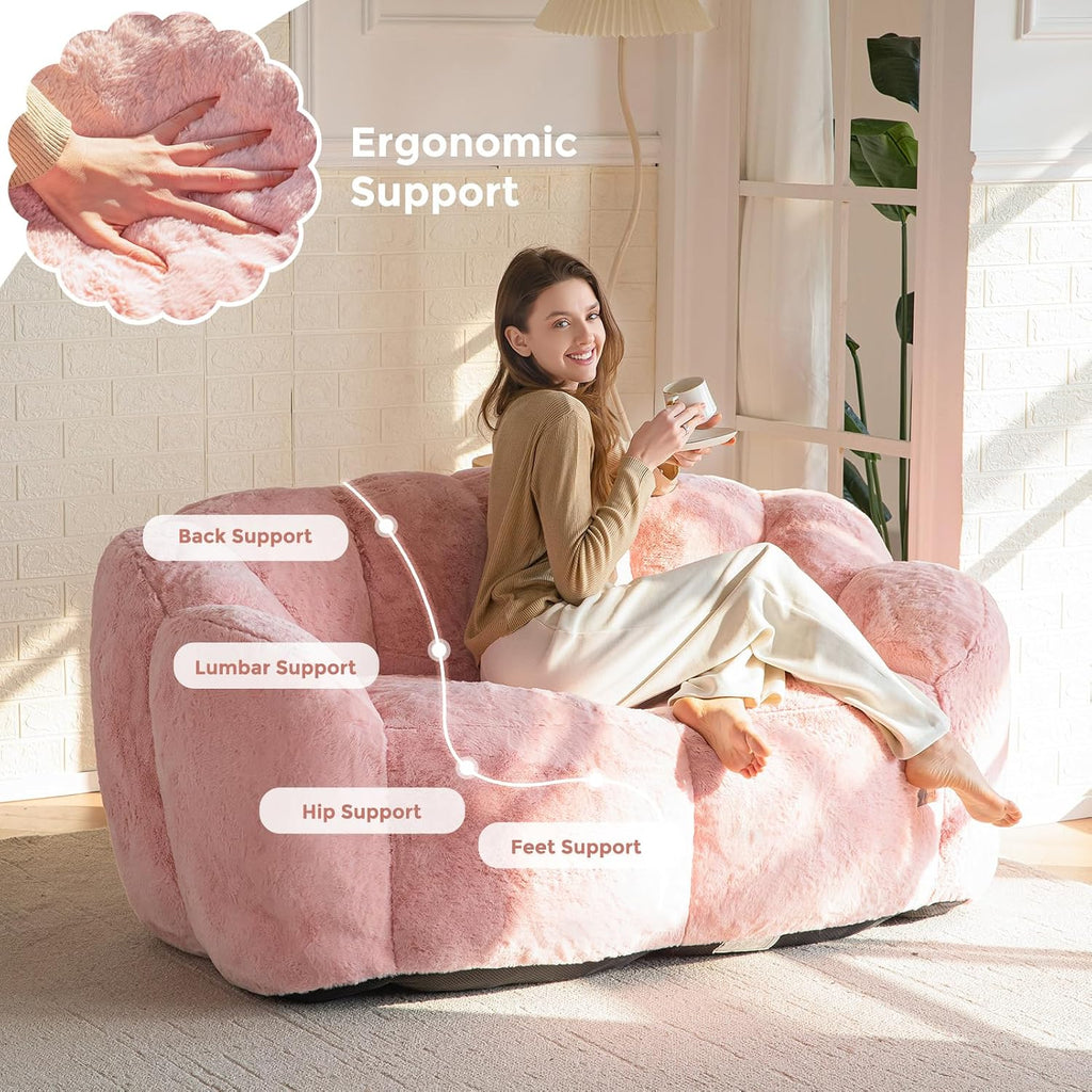 MAXYOYO Bean Bag Chair for Adults, Loveseat Floral Shaped Bean Bag Sofa, Ultra Soft Love Seat Mini Sofa Couch, Faux Fur Reading Chair for Living Room Bedroom, Pink