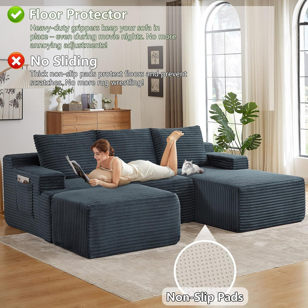 96.1' Modular Sectional Sofa with Ottoman, Modern Corduroy Cloud Couch, Boneless Couch Upholstered 3-Seater U-Shaped Sofa for Living Room, No Assembly (Dark Grey, Right-Facing Chaise)