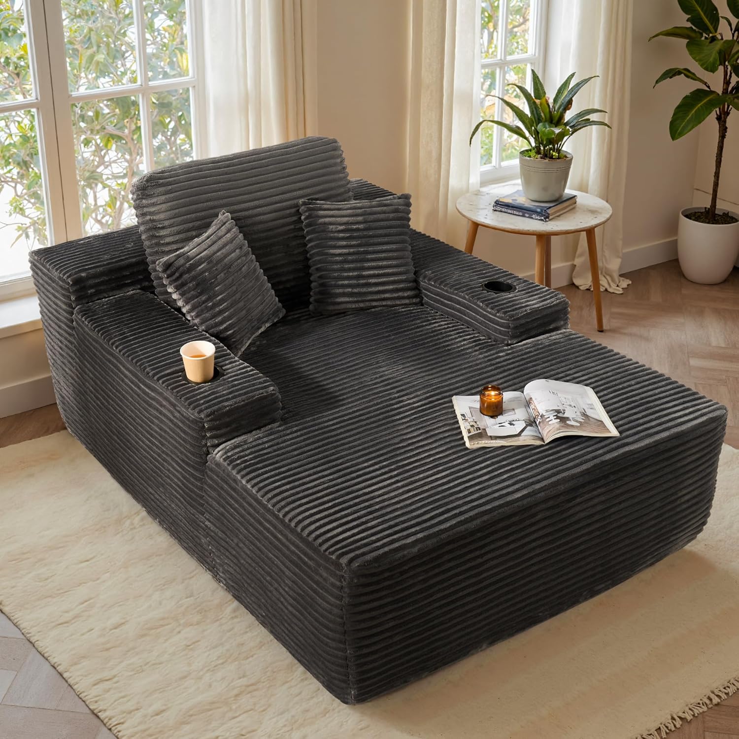 ovios 67'' Chaise Lounge Chair Indoor, Oversized Upholstered Boneless Sofa Bed with Cup Holders, Deep Seat Sleeper Couch, Plush Cloud Sofas Couches for Living Room (Faux Fur, Grey)
