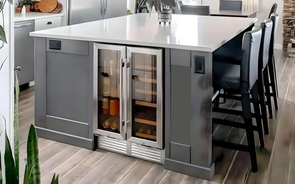 Koolatron Dual Zone Wine Fridge and Wine Cooler, 56 cans & 18 bottles (24 Inch), Built-In or Freestanding Compressor Under Counter Wine Refrigerator, Independent Temperature Control with French Doors