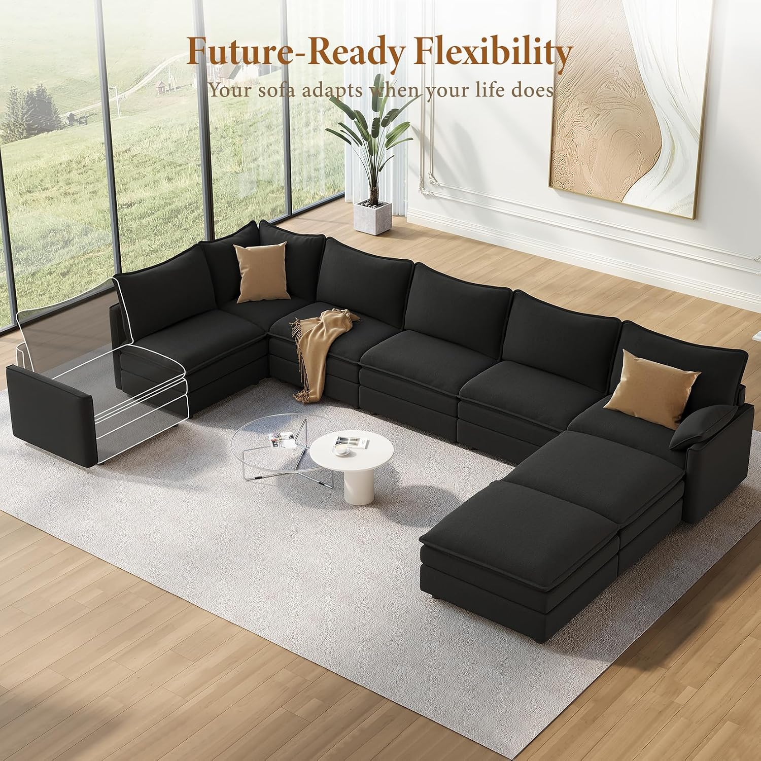 Vesgantti Large Modular Sectional Sofa, Big Comfy Cloud Couch with Ottoman Deep Seat Chenille Cloud Sofa, 8 Seater Large Sectional Couches for Living Room, Bedroom and Apartment, Black