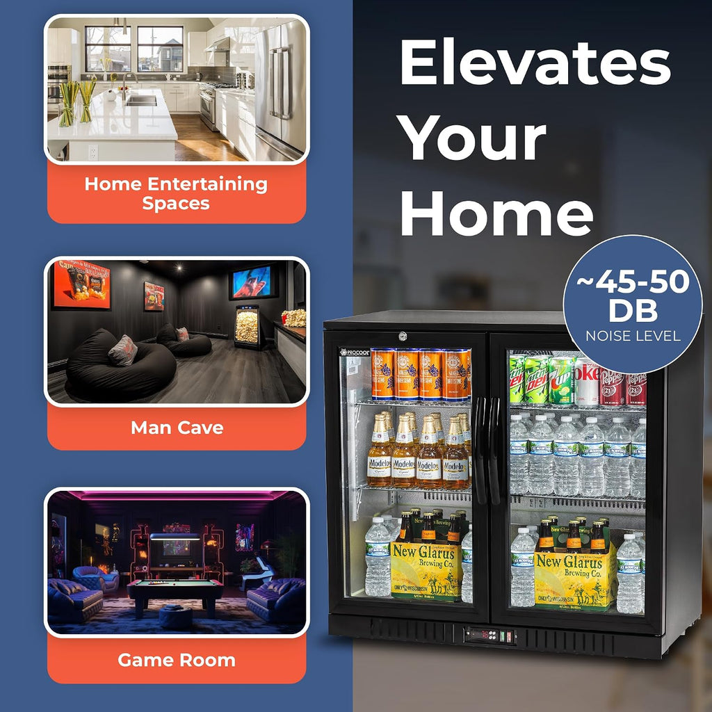 Procool 2-Door Undercounter Refrigerator - 33' Tall Energy Efficient Black Beverage Cooler With Glass Doors & White LED Lights - Residential Beverage Refrigerator For Entertaining Spaces & Home Bars