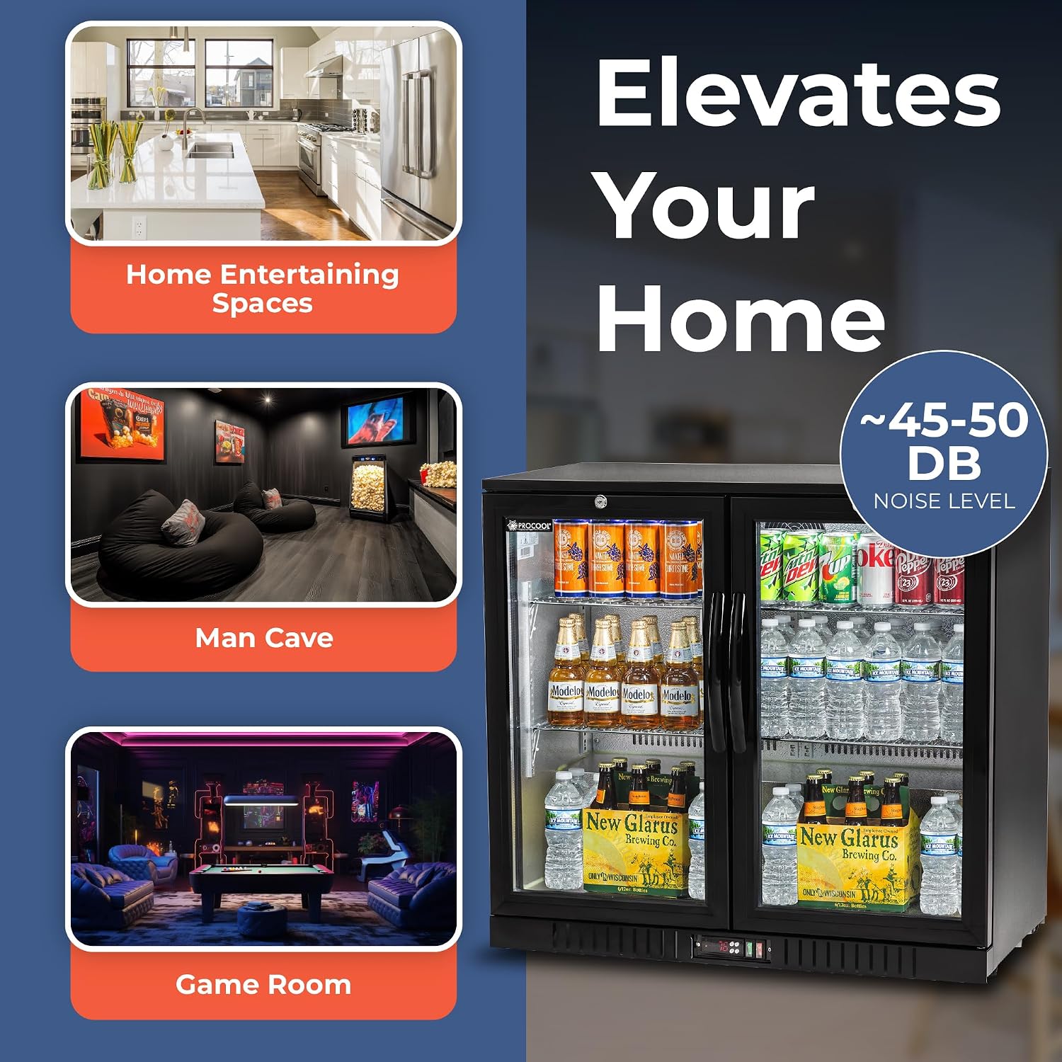 Procool 2-Door Undercounter Refrigerator - 33' Tall Energy Efficient Black Beverage Cooler With Glass Doors & White LED Lights - Residential Beverage Refrigerator For Entertaining Spaces & Home Bars