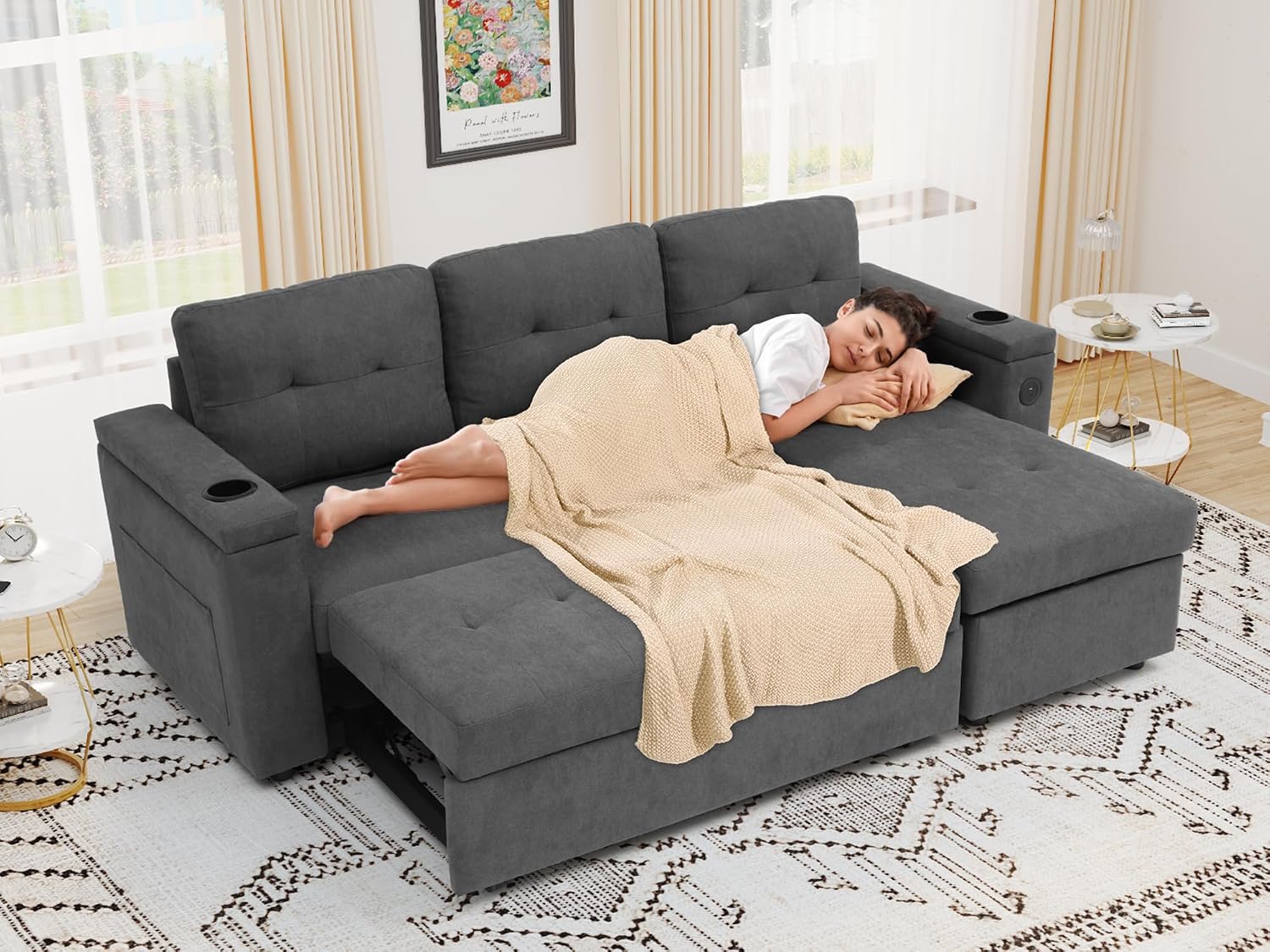 YITAHOME Sleeper Sofa Bed, 3-in-1 Pull Out Sectional Sofa Couch with Storage in Chaise & Armrests, USB & Type-C Ports, Cup Holders, Linen Fabric Pullout Couch for Living Room, Apartment, Dark Gray