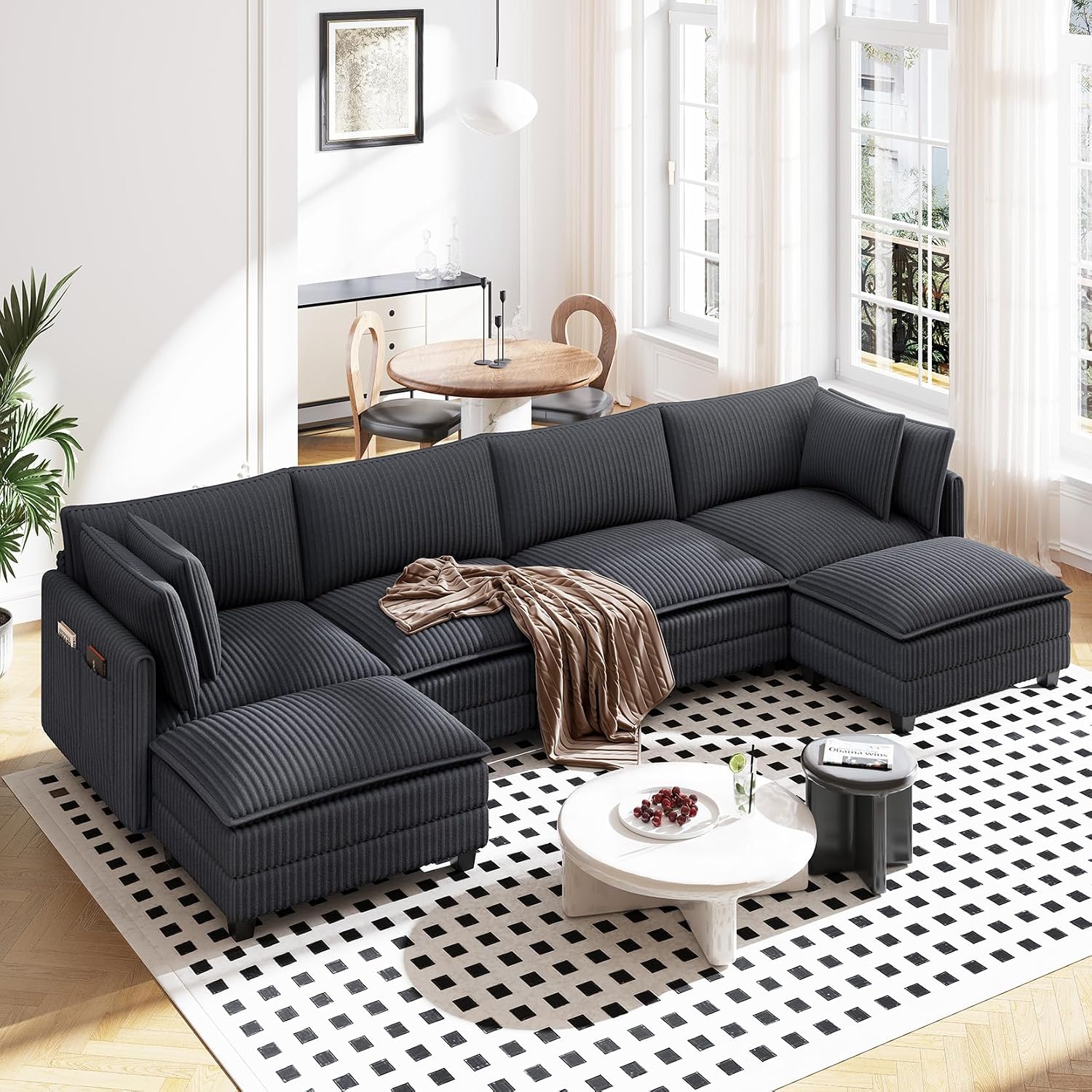 Vesgantti 143' U Shaped Sectional Modular Couch, Comfy Corduroy Upholstered Modular Cloud Sofas for Living Room, Modern Sectional Sofa with 2 Ottoman Deep Seat, Dark Grey