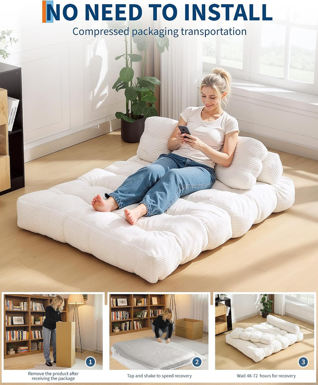 Garvee Folding Sofa Bed, Convertible Sleeper Chair with Pillow Foldable Mattress with Back Support, Boneless Fold Out Chair Bed Comfy Floor Sofa Lounge for Living Room, Bedroom, Beige, Full