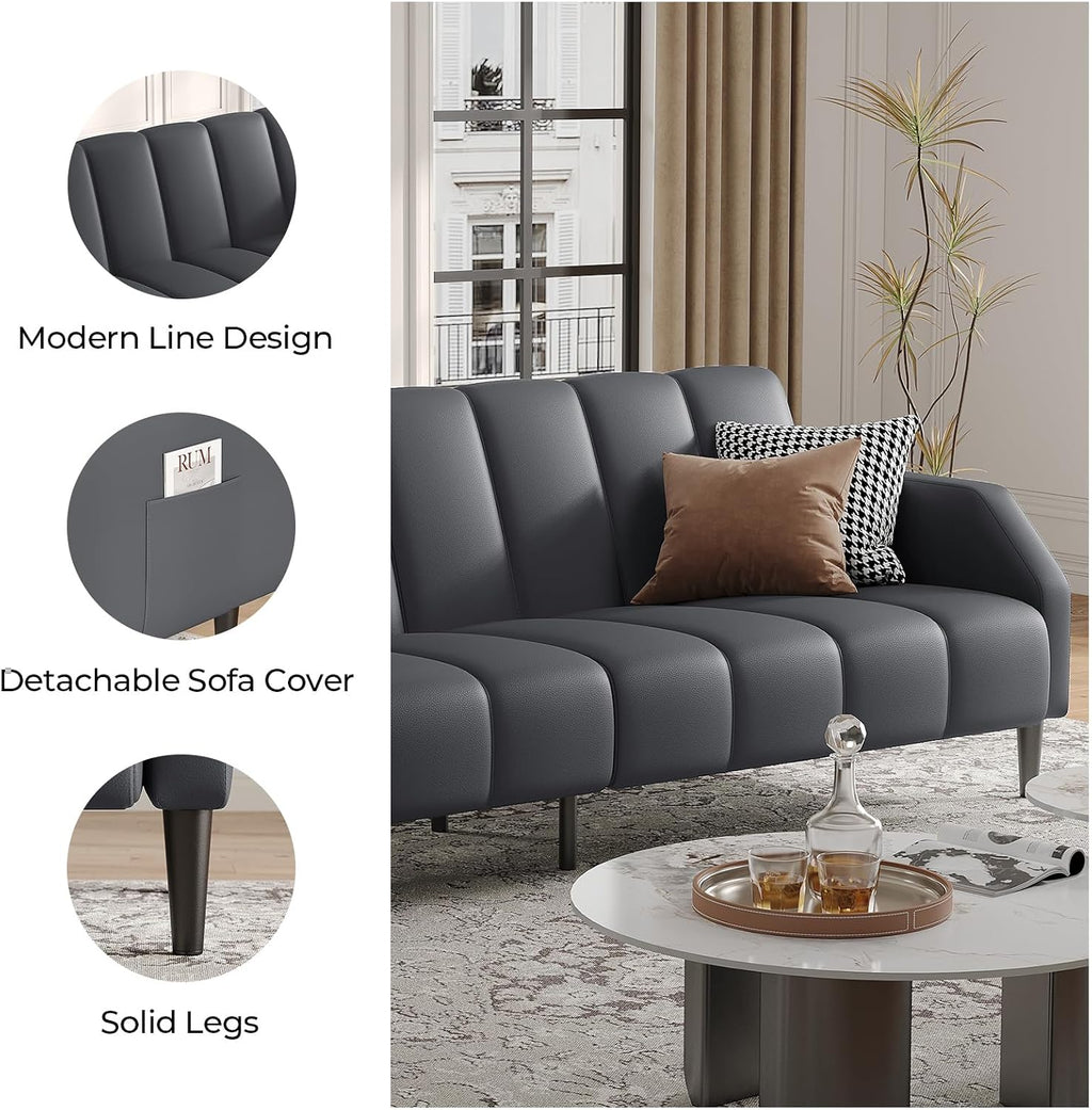 COPIAE Faux Leather Sofa Bed, 78' Futon Sofa Bed, Adjustable Futon Set Backrest, Sleeper Sofa Couch, Modern Decor Love Seat Couches, Upholstered Couch for Living Room, Bedroom, Dark Gray