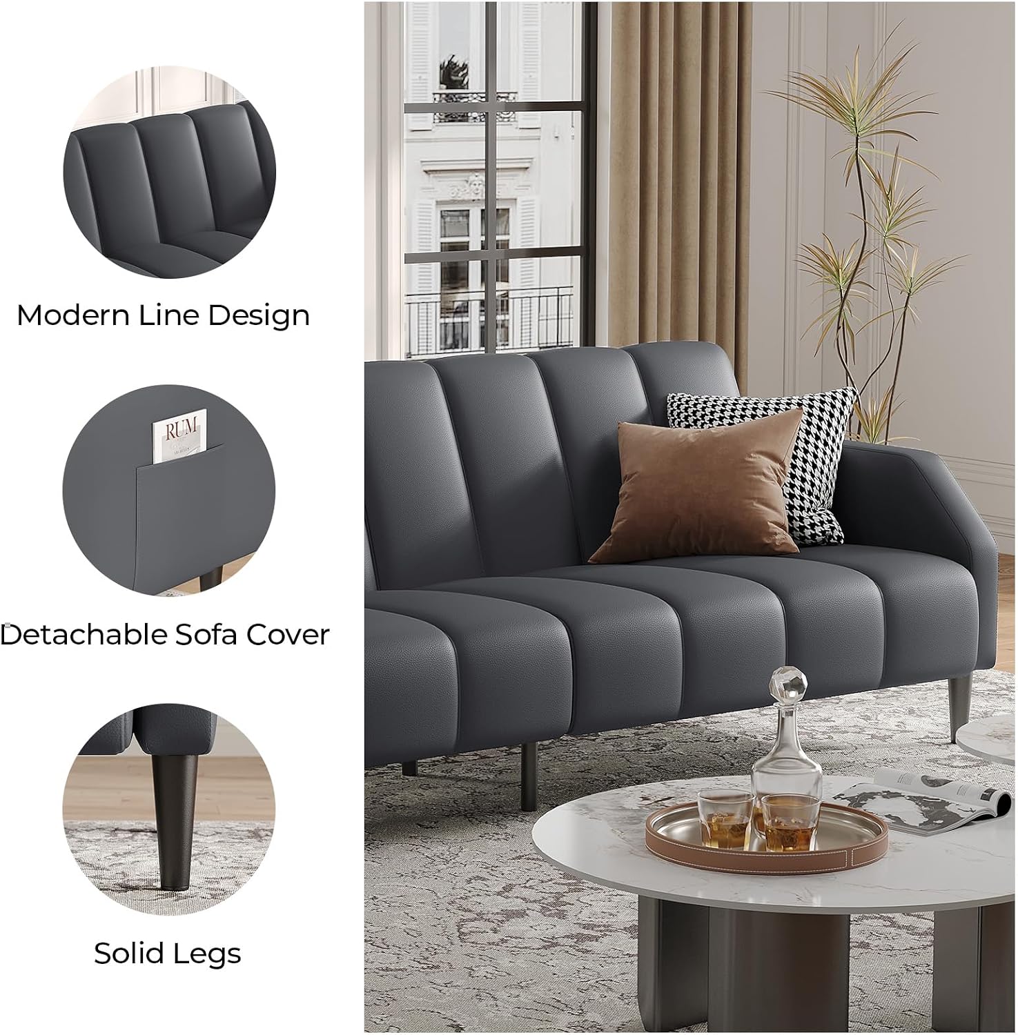 COPIAE Faux Leather Sofa Bed, 78' Futon Sofa Bed, Adjustable Futon Set Backrest, Sleeper Sofa Couch, Modern Decor Love Seat Couches, Upholstered Couch for Living Room, Bedroom, Dark Gray